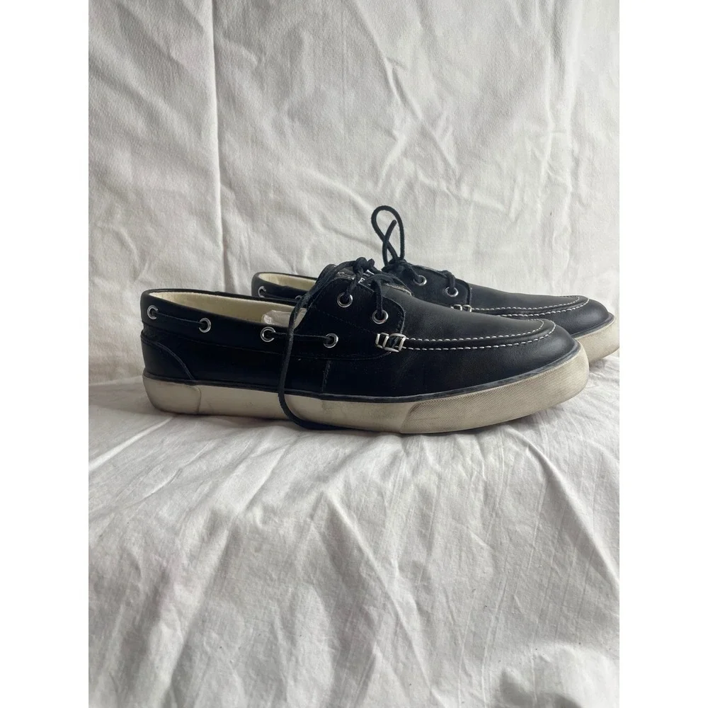 Polo Ralph Lauren Sander Black Leather Boat Shoes Mens Size 12D